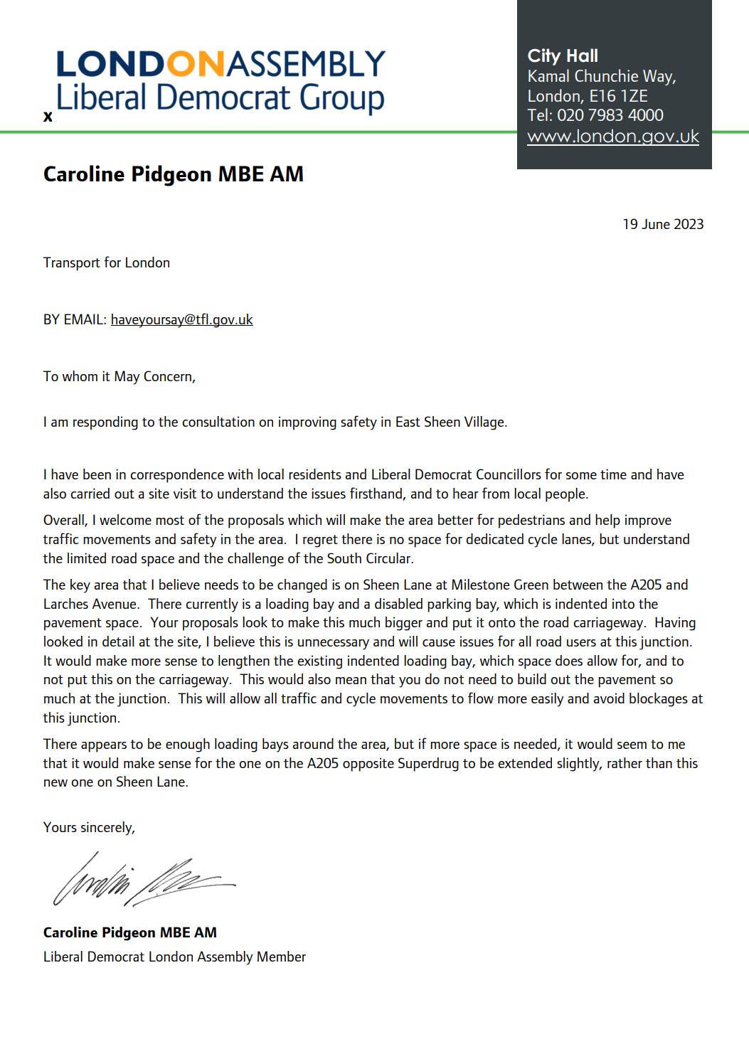 Letter from Caroline Pidgeon to Transport for London regarding East Sheen plans