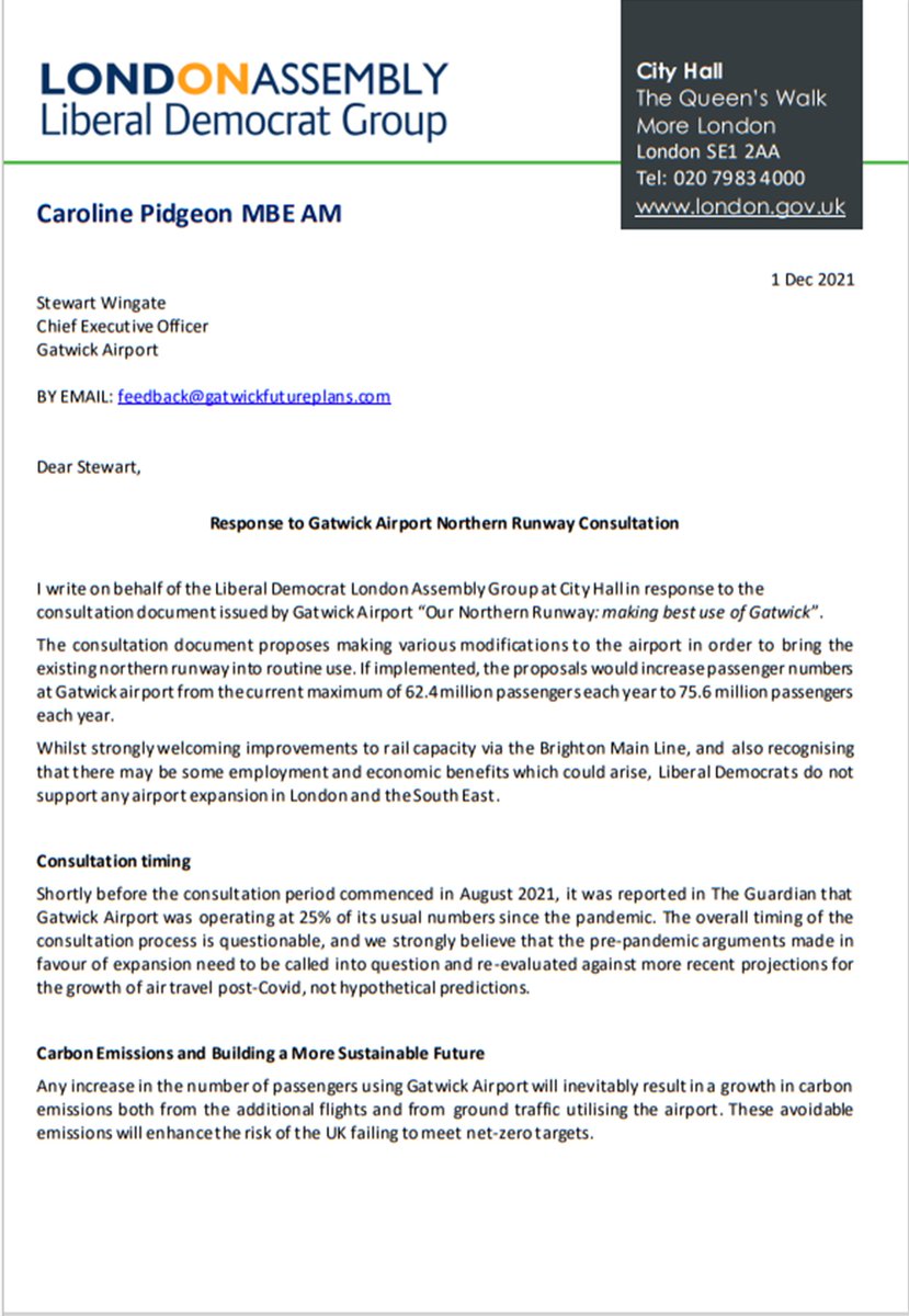 Letter from Lib Dem London Assembly Group to the CEO of Gatwick Airport
