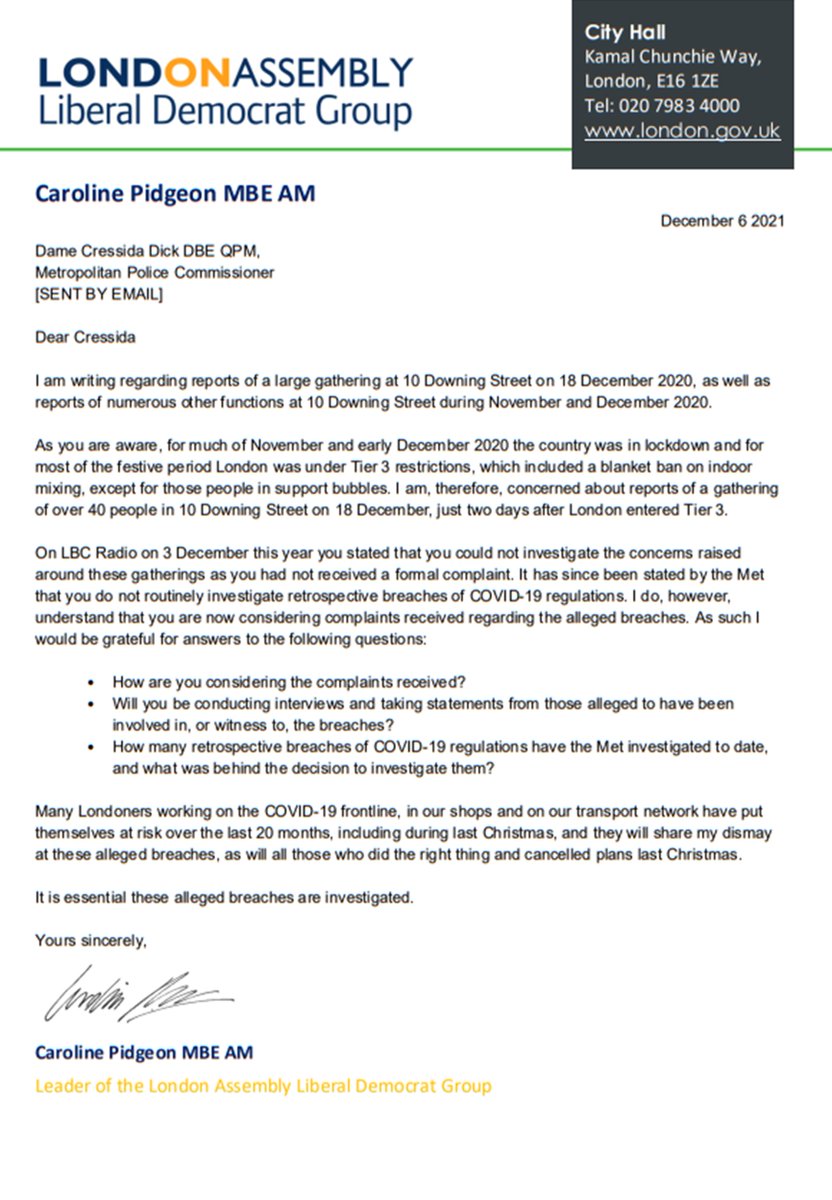 Caroline Pidgeon's letter to the Met Police Commissioner calling for investigation of the alleged rule breaches at Downing Street