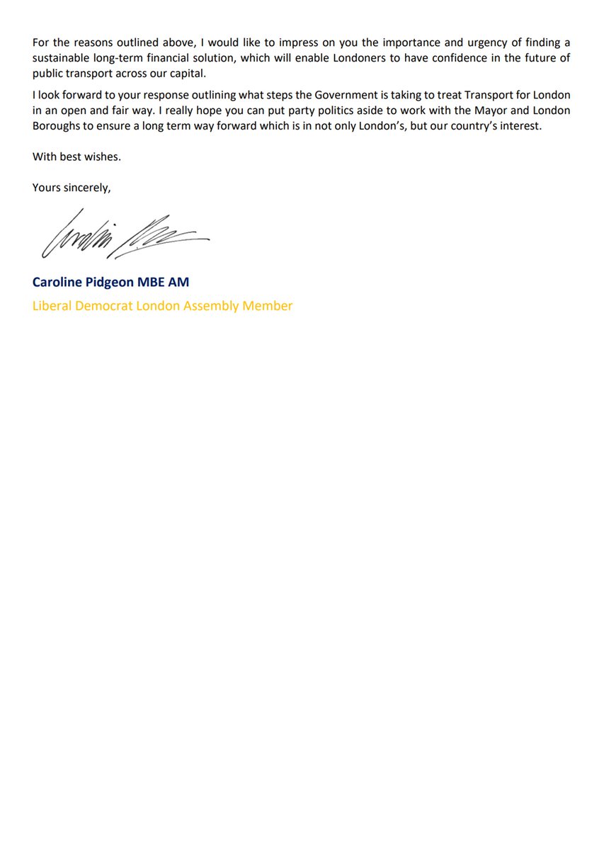 Letter from Caroline Pidgeon to the Secretary of State for Transport and the Minister for London
