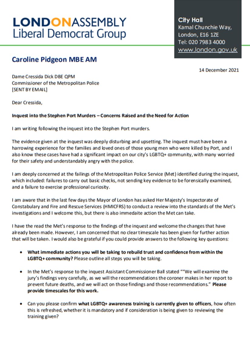 Letter to the Met Police Commissioner following the Port Inquest