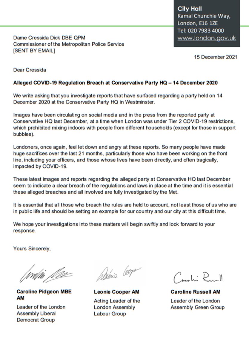 Letter to Met Police Commissioner on alleged Conservative HQ Covid regulation breaches