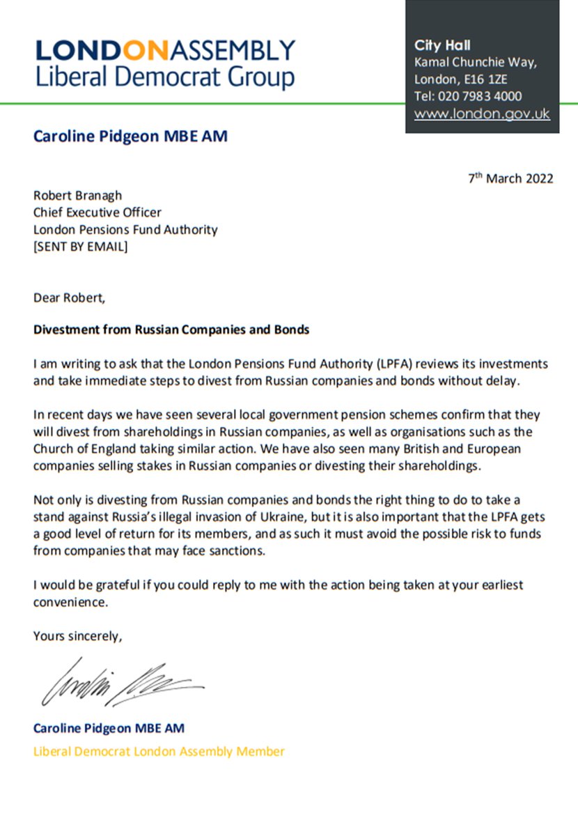 Letter to the CEO of the London Pensions Fund Authority