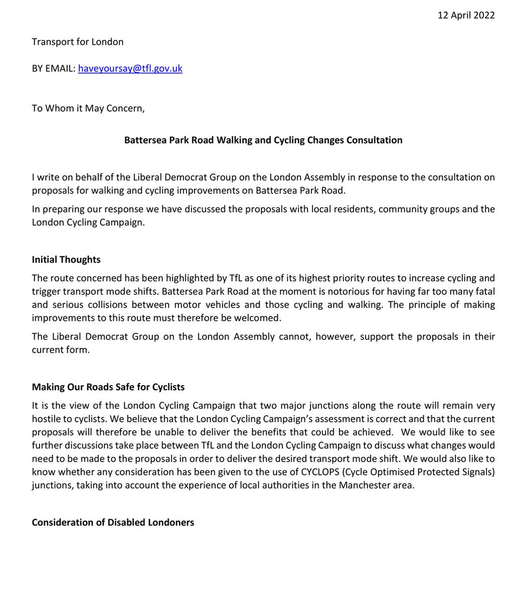 Letter to Transport for London on Battersea Park Road changes