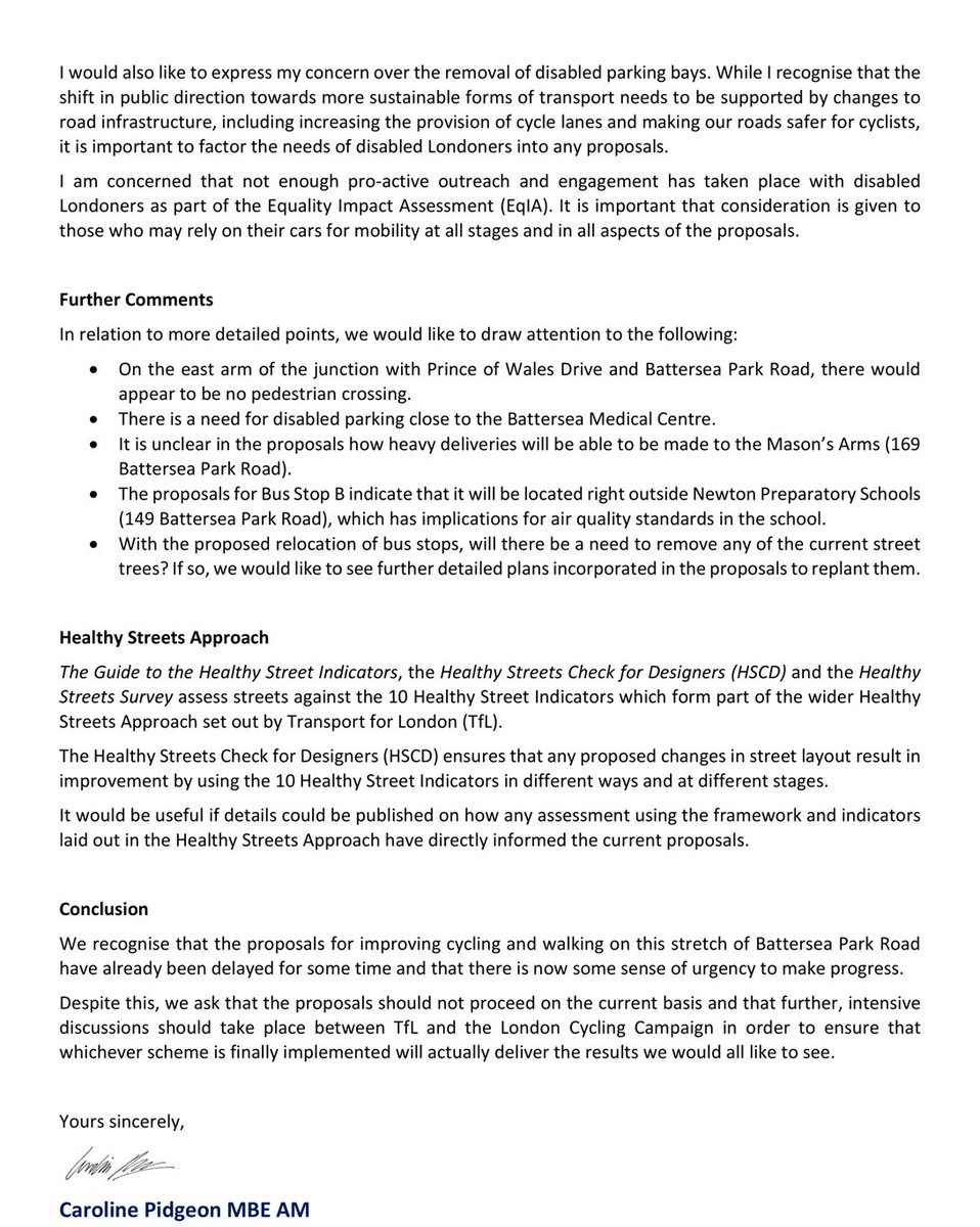 Letter to Transport for London on Battersea Park Road changes