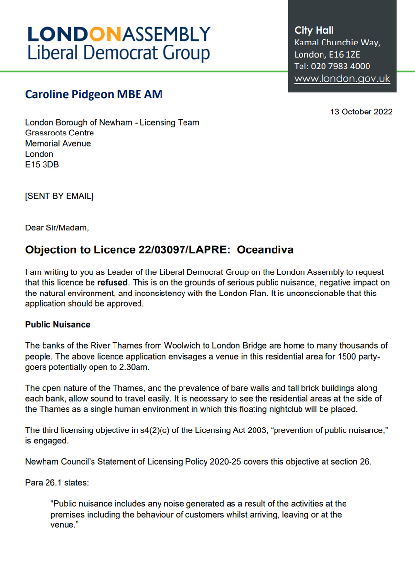 Letter from Caroline Pidgeon to Newham Council re Oceandiva licence application