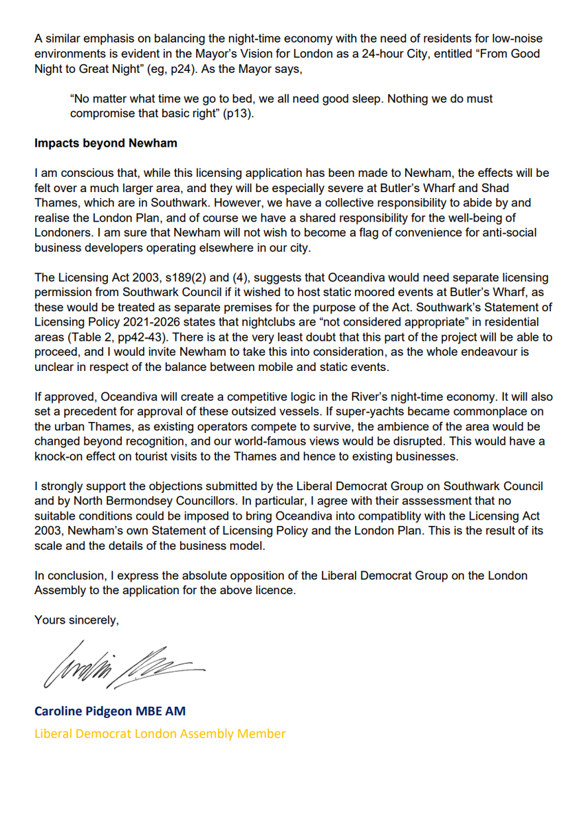 Letter from Caroline Pidgeon to Newham Council re Oceandiva licence application