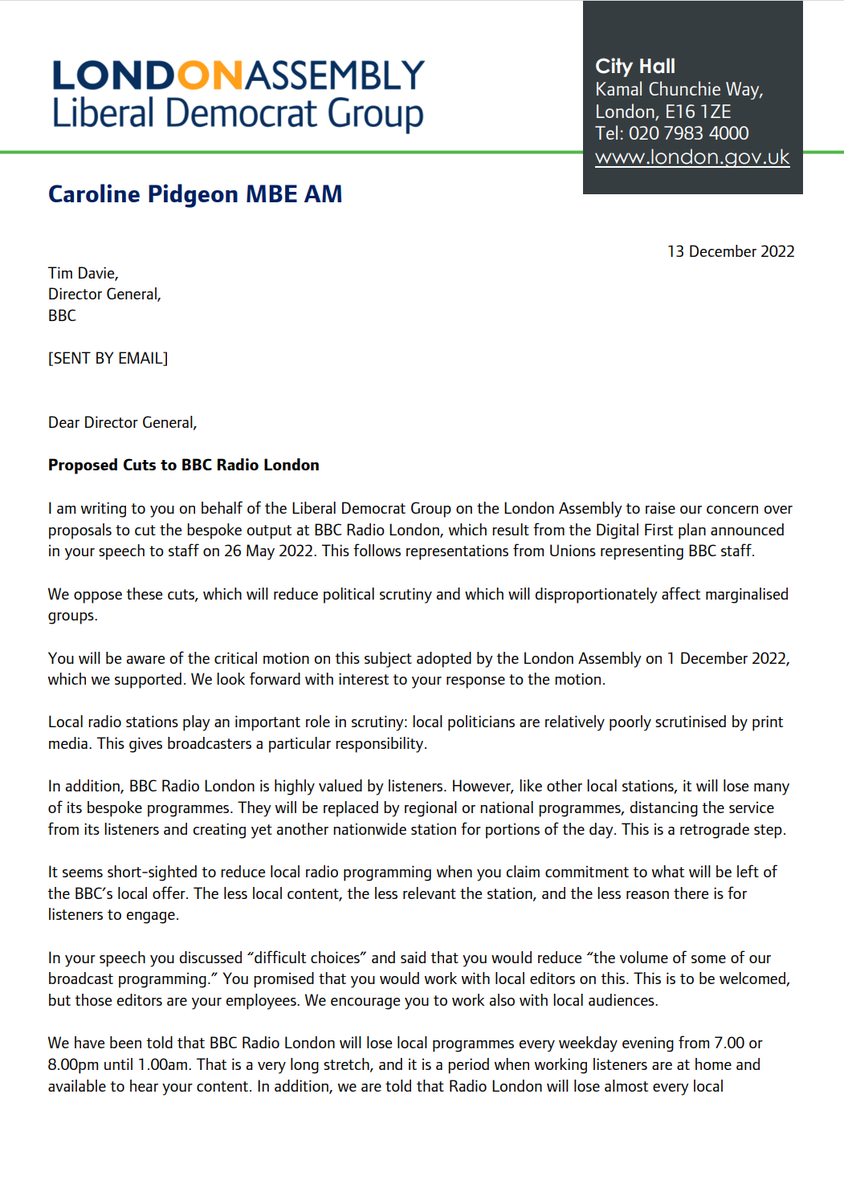 Letter from Caroline Pidgeon to the BBC regarding Radio London cuts