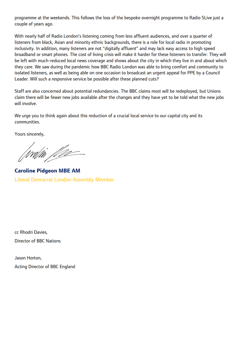 Letter from Caroline Pidgeon to the BBC regarding Radio London cuts