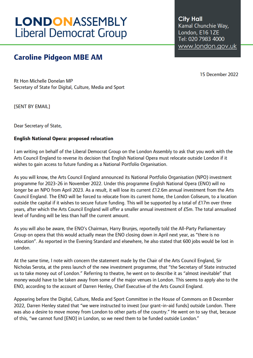 Caroline's letter to the Culture Secretary regarding the English National Opera
