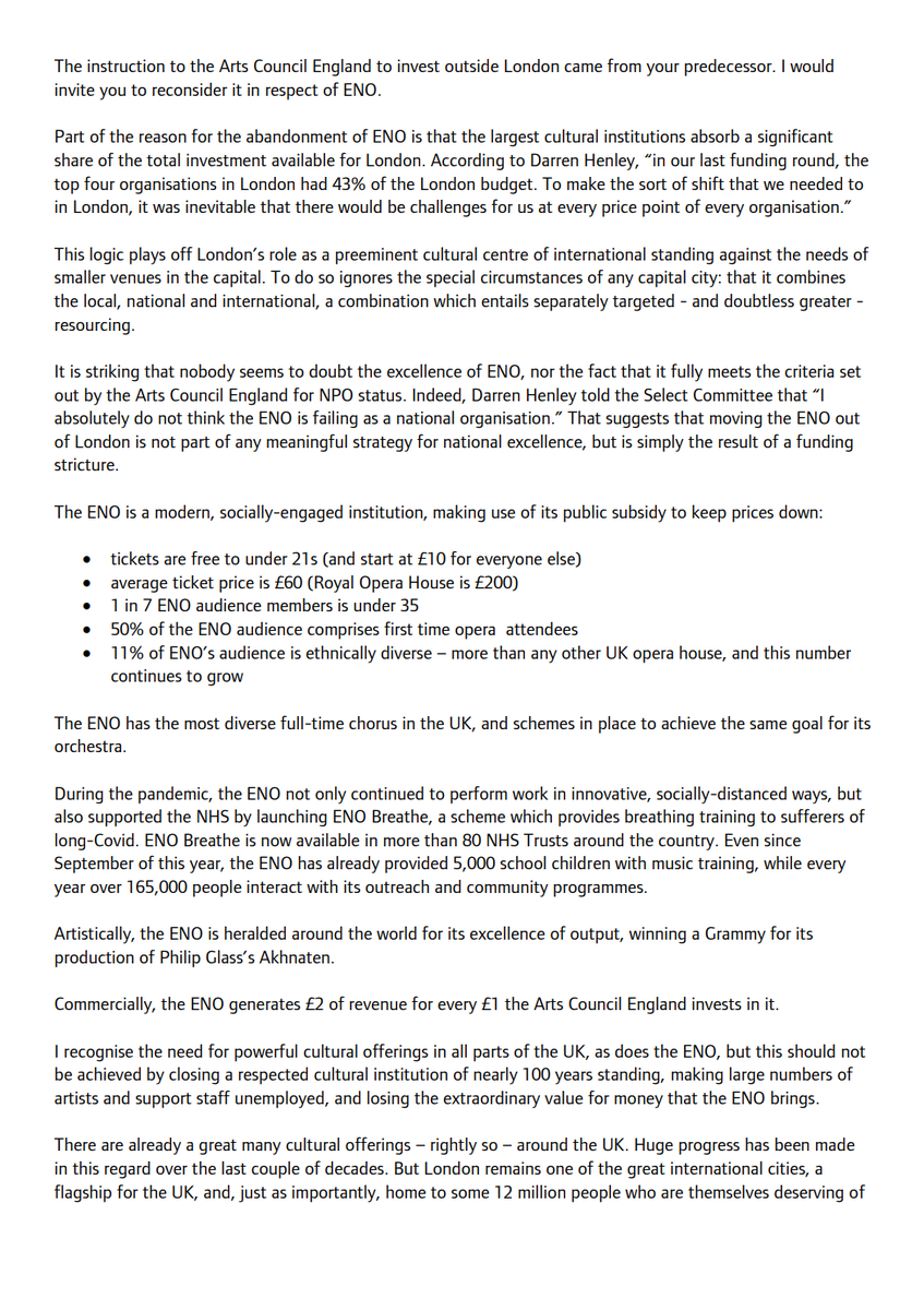 Caroline's letter to the Culture Secretary regarding the English National Opera