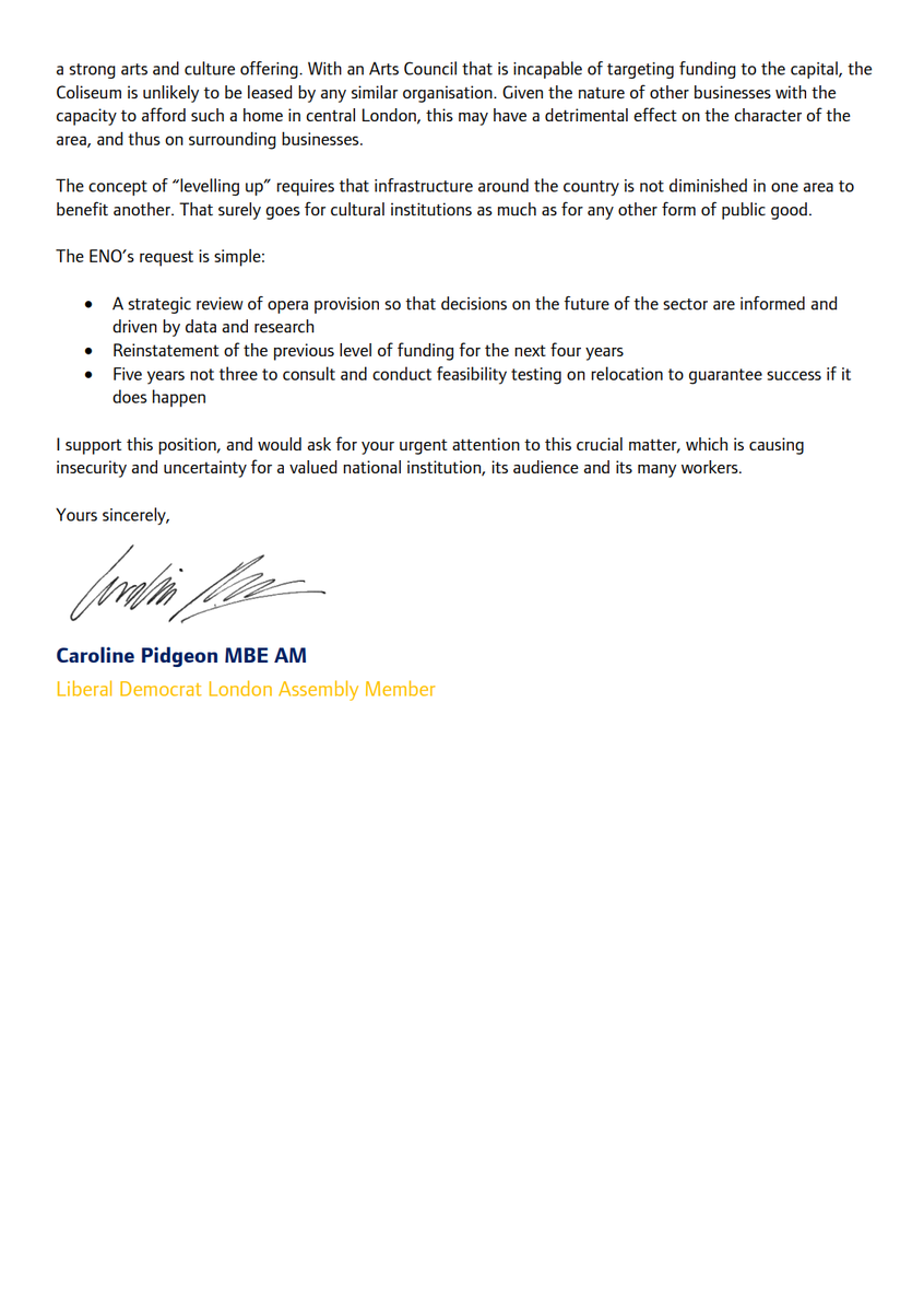 Caroline's letter to the Culture Secretary regarding the English National Opera
