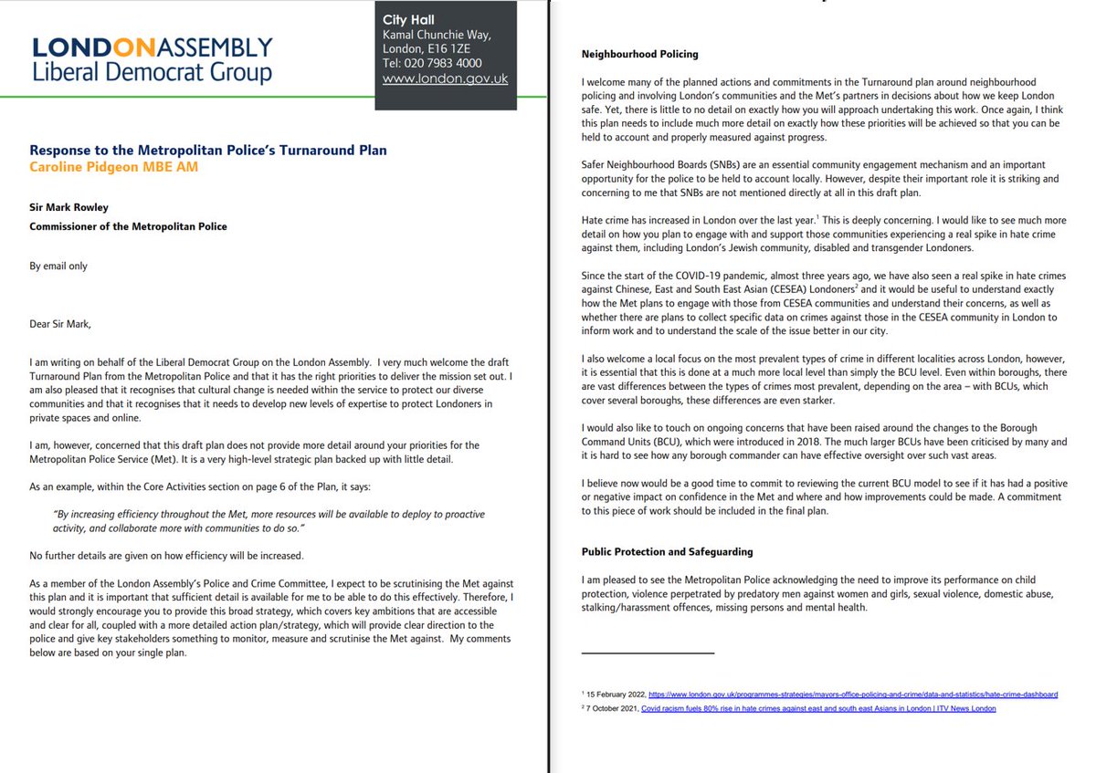 Letter from Caroline Pidgeon on the Metropolitan Police's draft turnaround plan