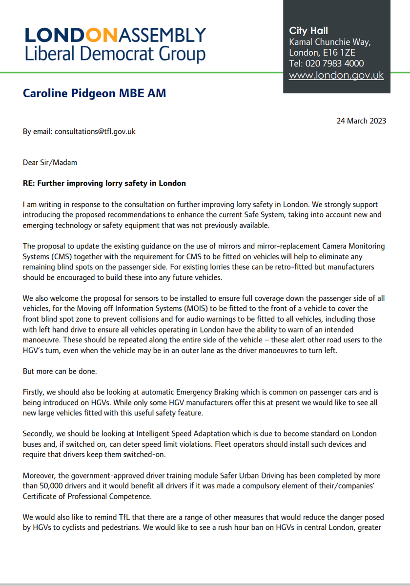 Caroline's letter to Transport for London on lorry safety
