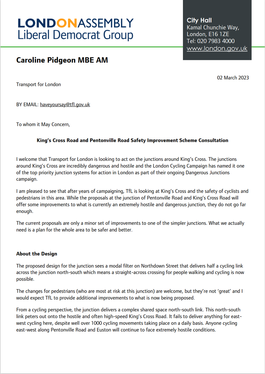 Letter to Transport for London regarding King's Cross junction plans