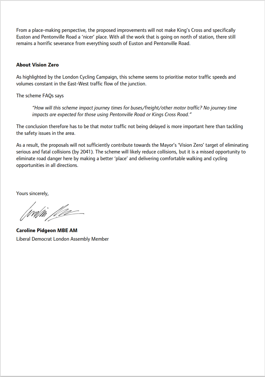 Letter to Transport for London regarding King's Cross junction plans