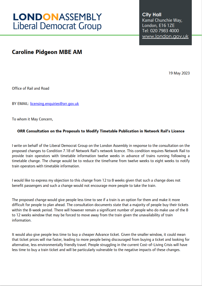 Letter to Office of Rail and Road opposing the weakening of the requirement for train companies to provide timetables 12 weeks in advance