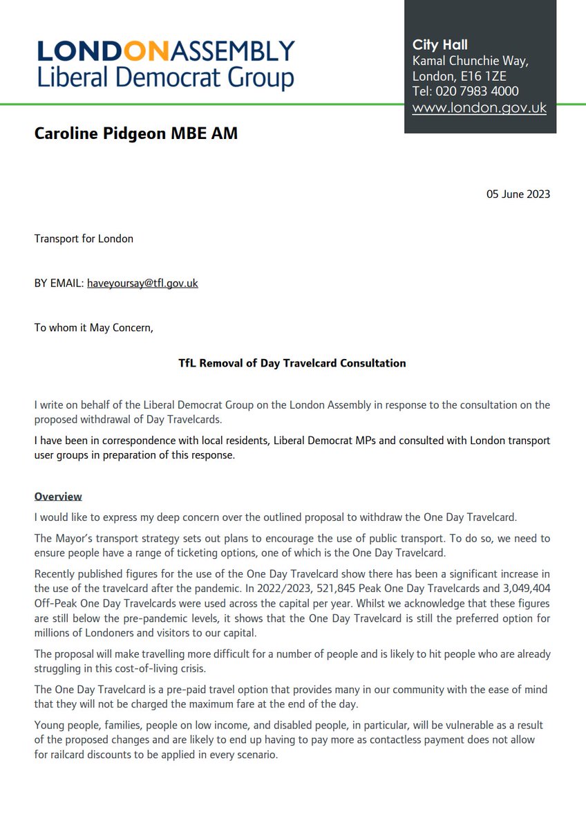 Letter to Transport for London regarding plans to withdraw One Day Travelcards
