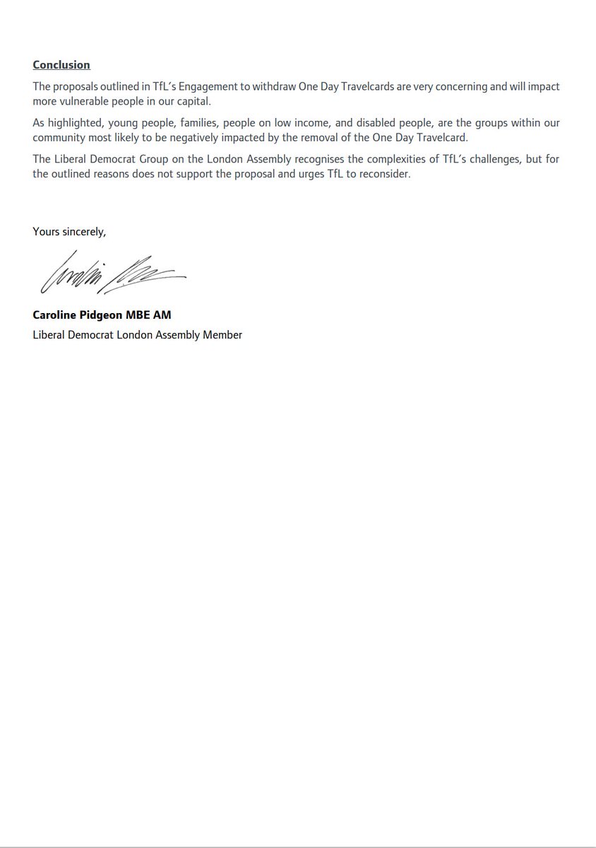 Letter to Transport for London regarding plans to withdraw One Day Travelcards