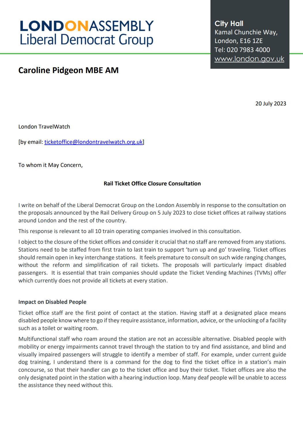 Letter to London TravelWatch regarding proposals to close ticket offices at train stations