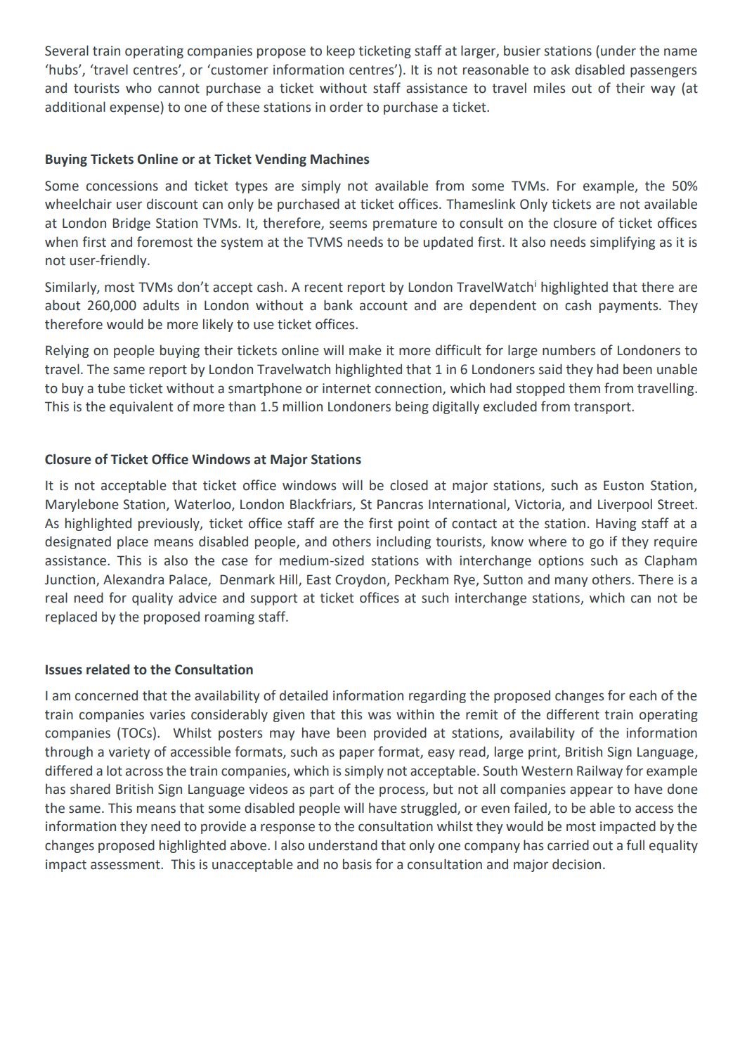 Letter to London TravelWatch regarding proposals to close ticket offices at train stations