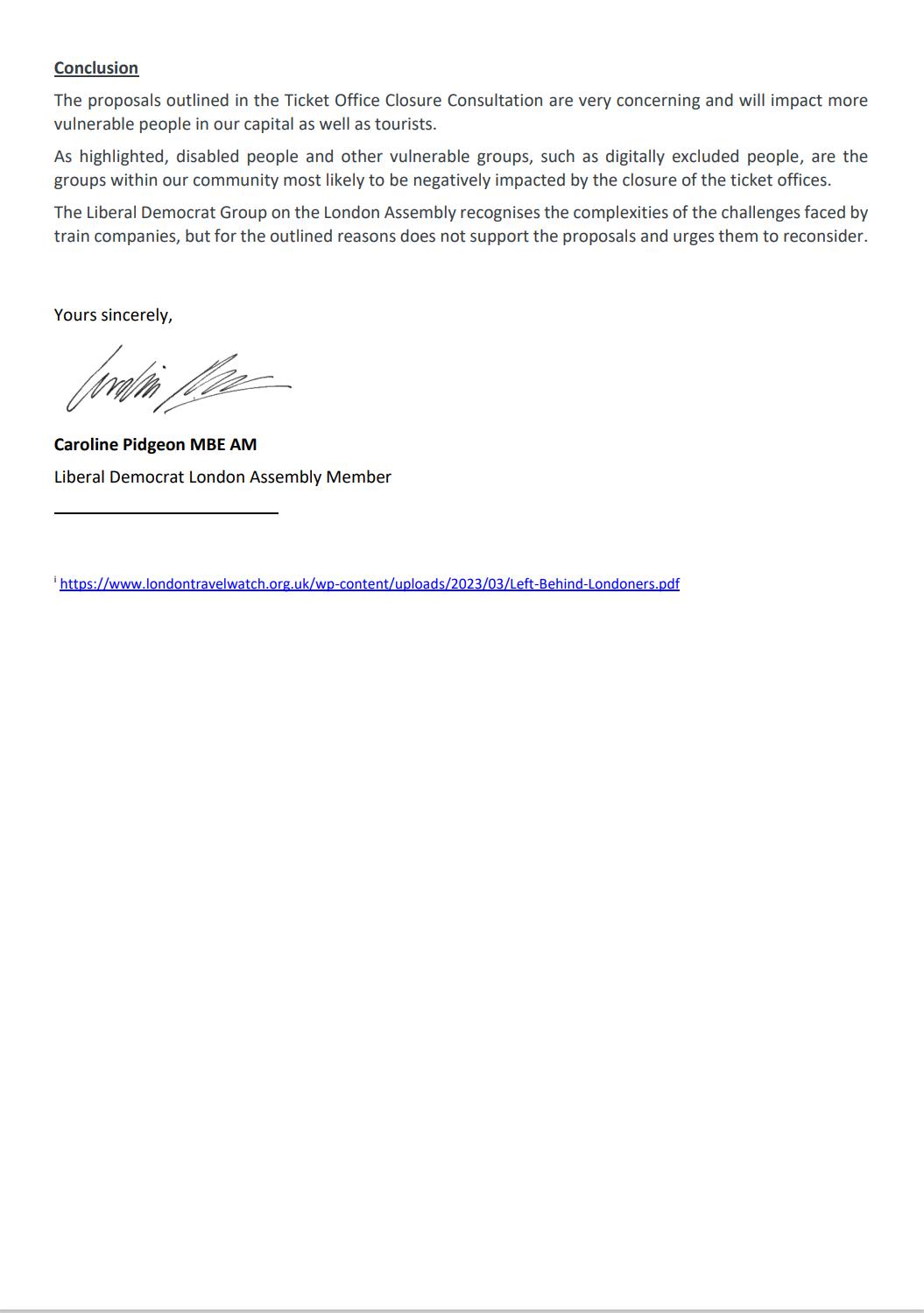 Letter to London TravelWatch regarding proposals to close ticket offices at train stations