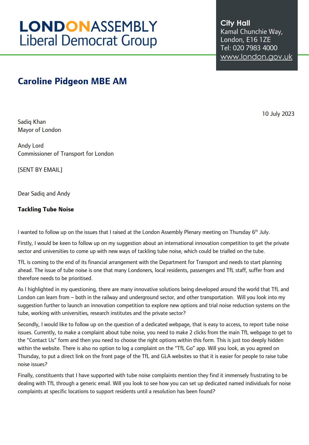 Letter to Mayor and Transport for London Commissioner on tackling Tube noise