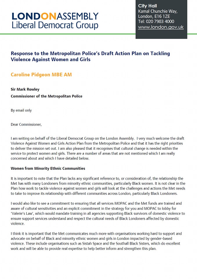 Letter to Metropolitan Police regarding action plan on violence against women and girls