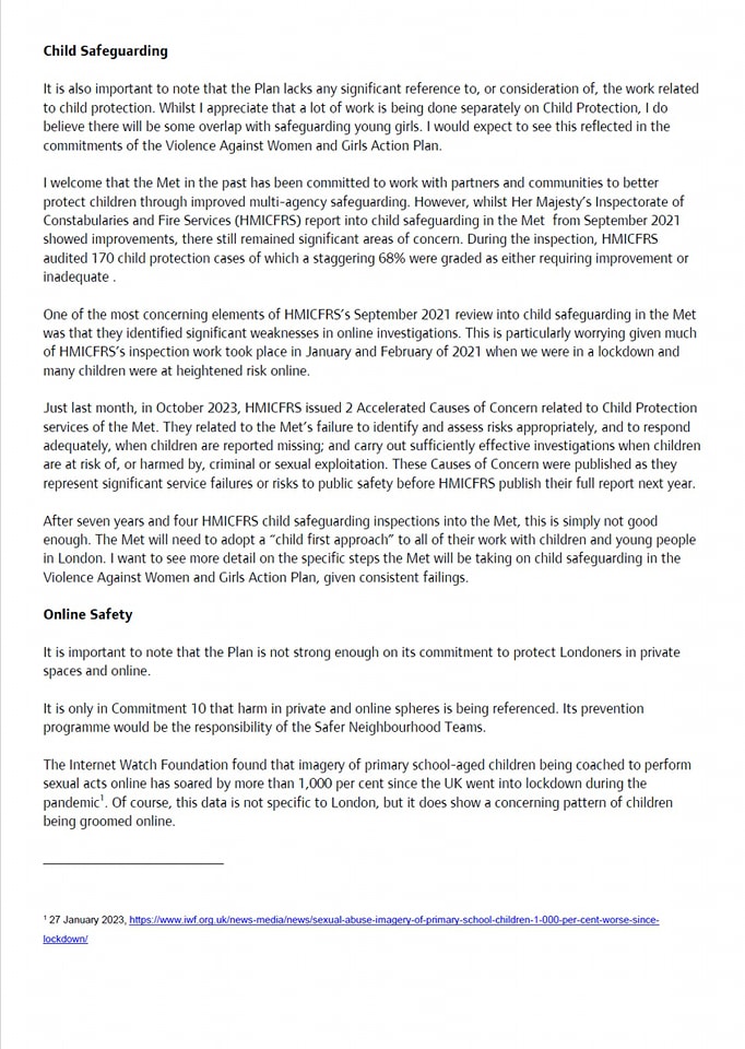 Letter to Metropolitan Police regarding action plan on violence against women and girls
