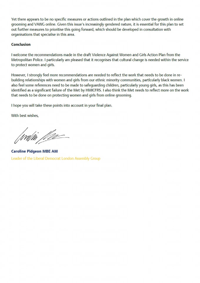 Letter to Metropolitan Police regarding action plan on violence against women and girls