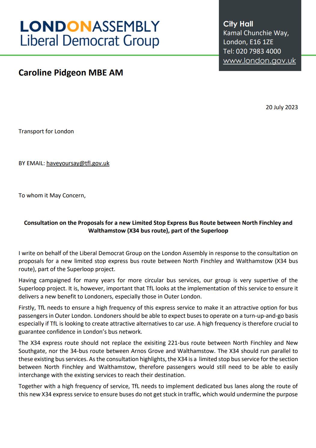 Letter to Transport for London regarding proposed X34 bus route