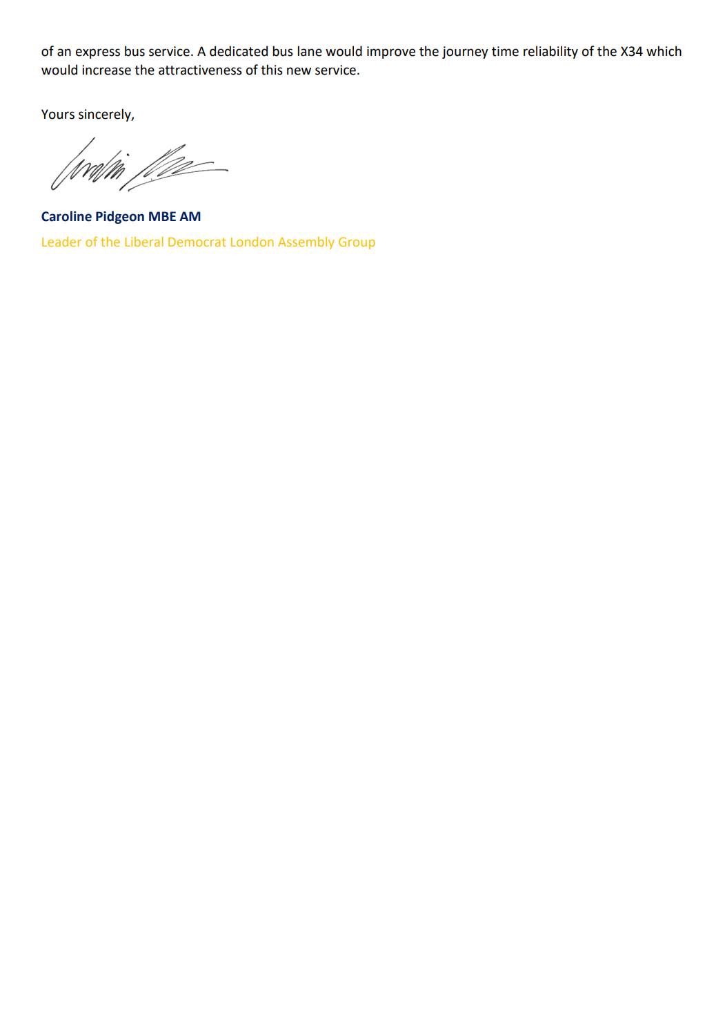 Letter to Transport for London regarding proposed X34 bus route
